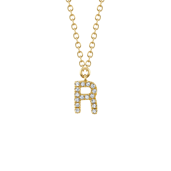 Initials Yellow Gold and Diamond Pav&eacute; Letter R Necklace